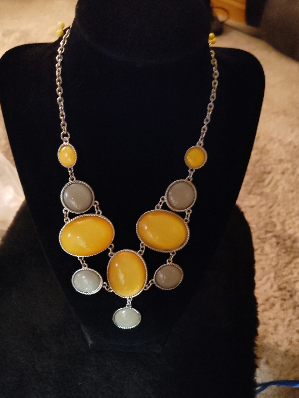 Yellow and Gray Oval Bib Necklace — Silver-Tone Statement